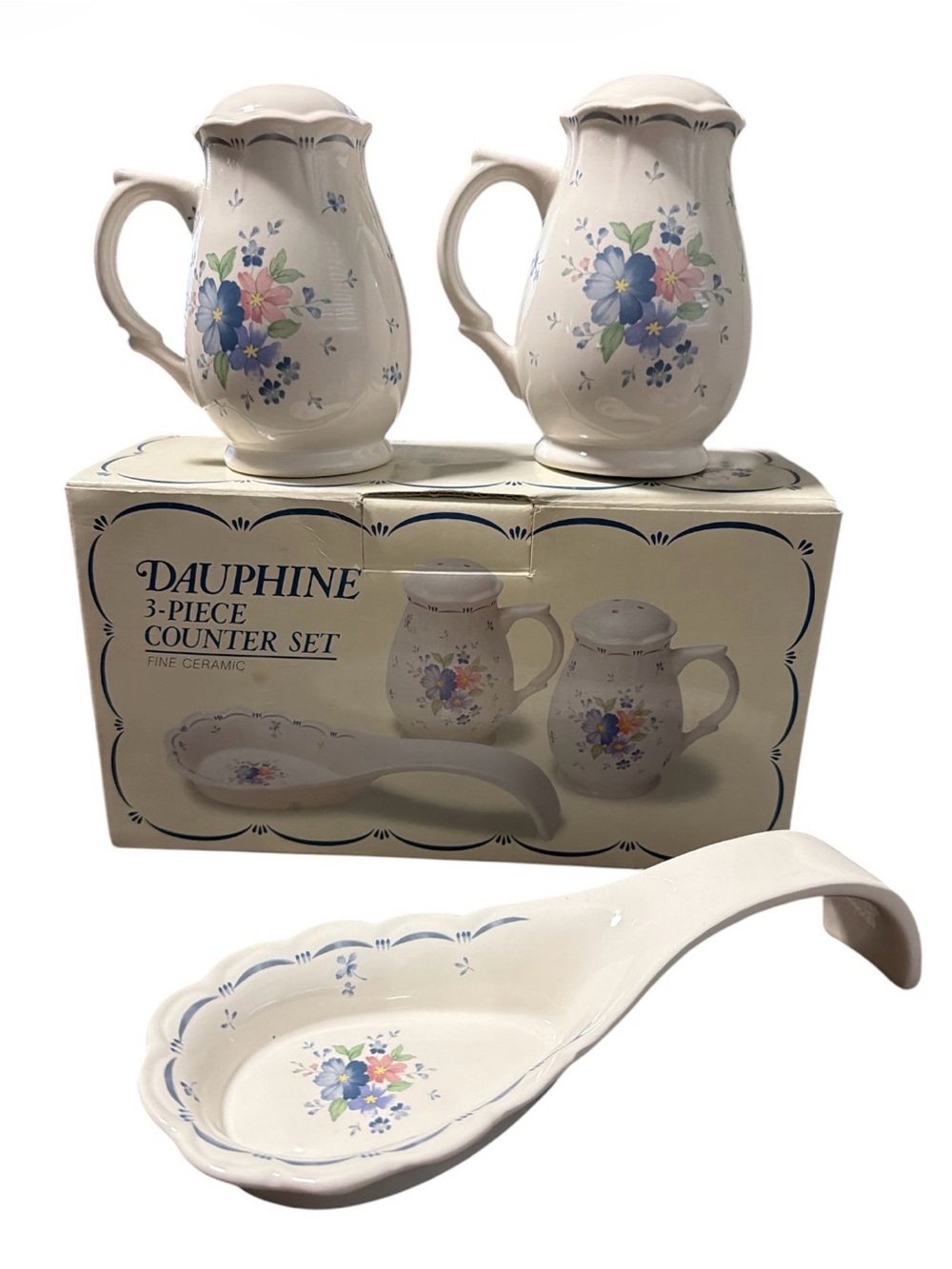 Vintage 3 piece ceramic counter set, by Baker, Hart & Stuart “Dauphine” pattern